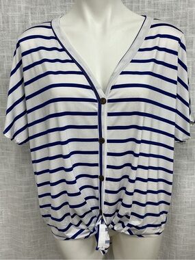 Bellamie White and Navy Striped V-Neck Top with Tie Detail